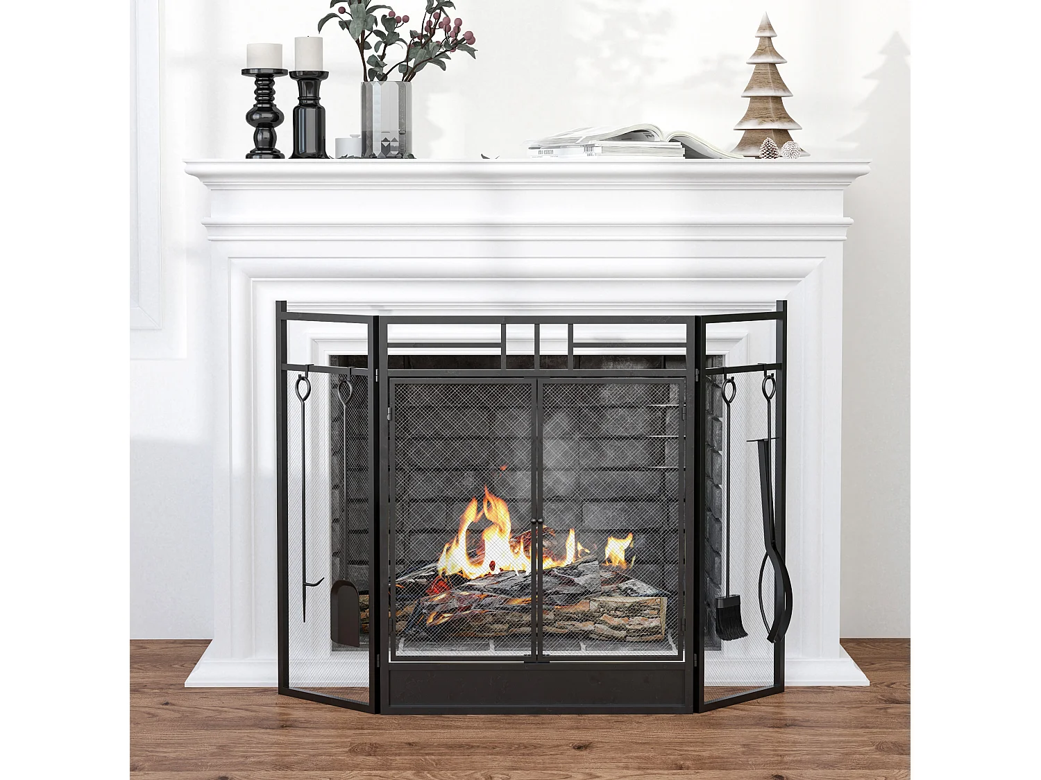 Pare-feu large pour cheminée ou poêle - pare-étincelles serviteur de cheminée 2 en 1 avec accessoires - 3 volets pliables et porte - acier métal noir