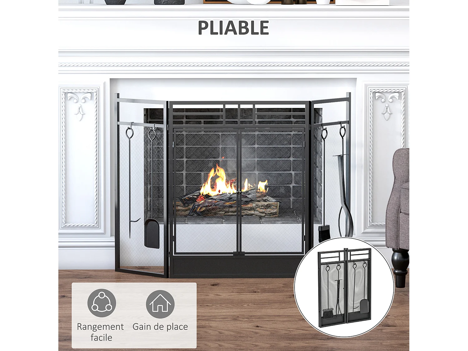 Pare-feu large pour cheminée ou poêle - pare-étincelles serviteur de cheminée 2 en 1 avec accessoires - 3 volets pliables et porte - acier métal noir