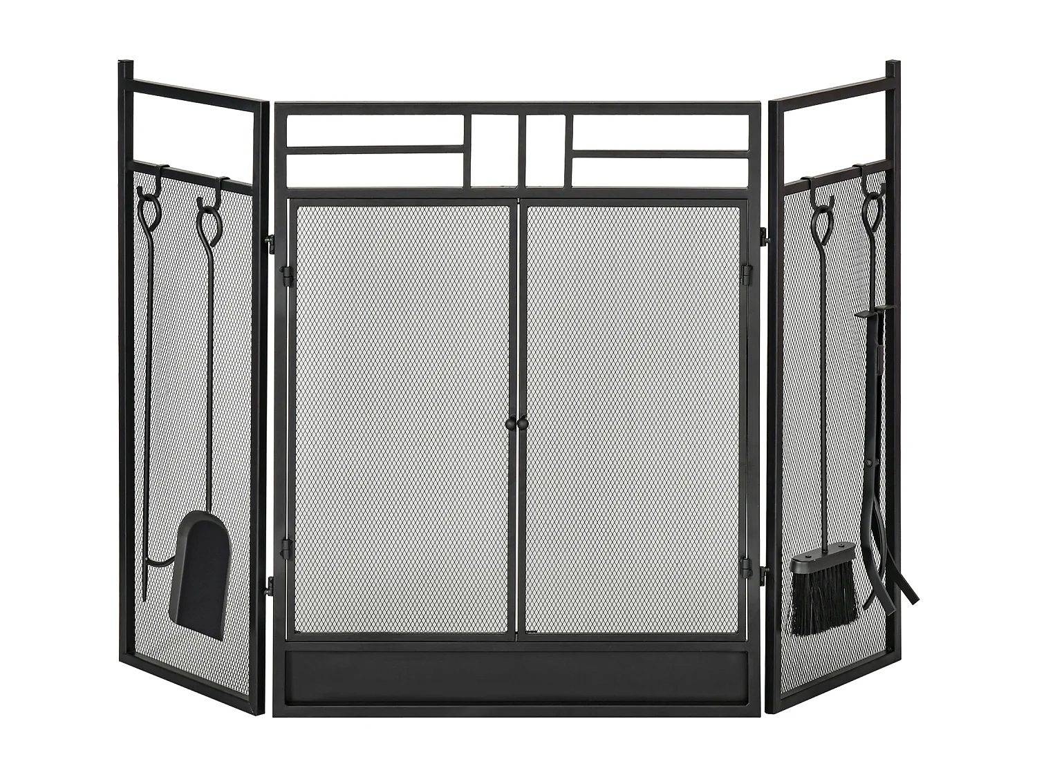 Pare-feu large pour cheminée ou poêle - pare-étincelles serviteur de cheminée 2 en 1 avec accessoires - 3 volets pliables et porte - acier métal noir