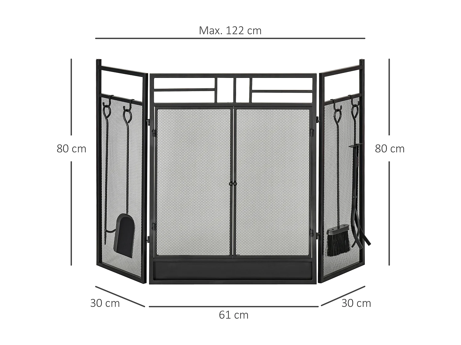 Pare-feu large pour cheminée ou poêle - pare-étincelles serviteur de cheminée 2 en 1 avec accessoires - 3 volets pliables et porte - acier métal noir