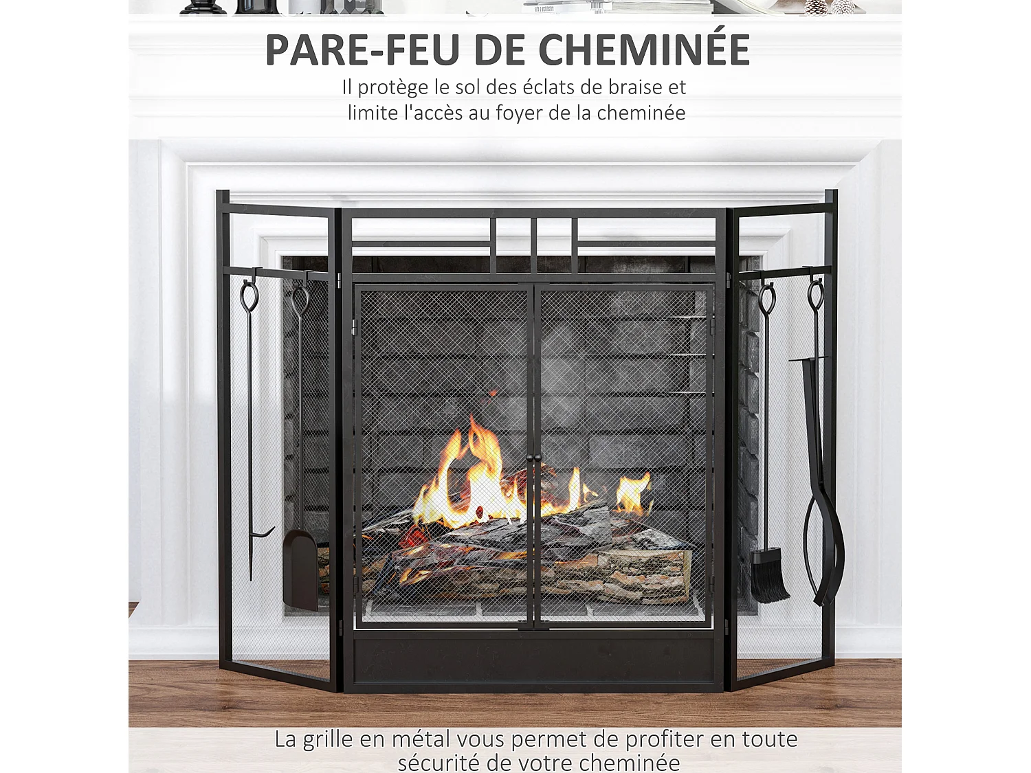 Pare-feu large pour cheminée ou poêle - pare-étincelles serviteur de cheminée 2 en 1 avec accessoires - 3 volets pliables et porte - acier métal noir
