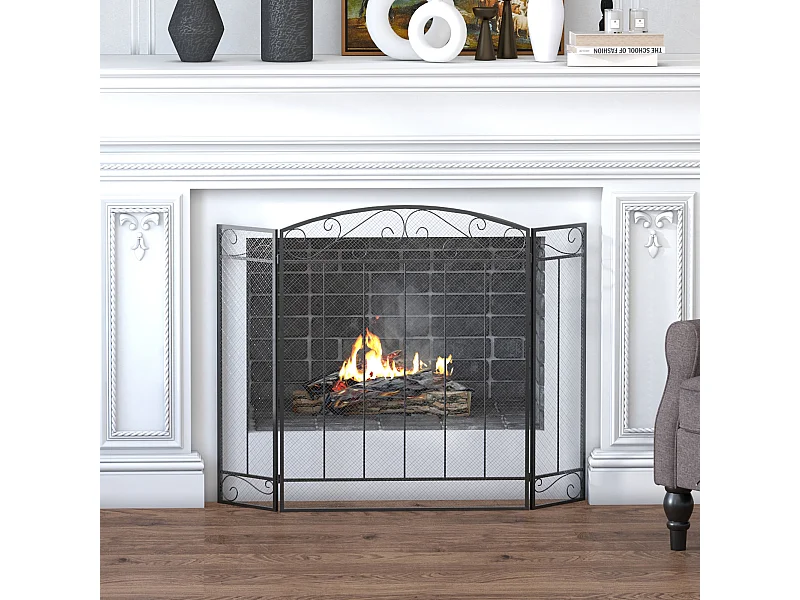 Grille de protection pour cheminée - pare-feu large pour cheminée ou poêle - pare-étincelles - barrière de sécurité - 3 volets pliables - acier métal noir