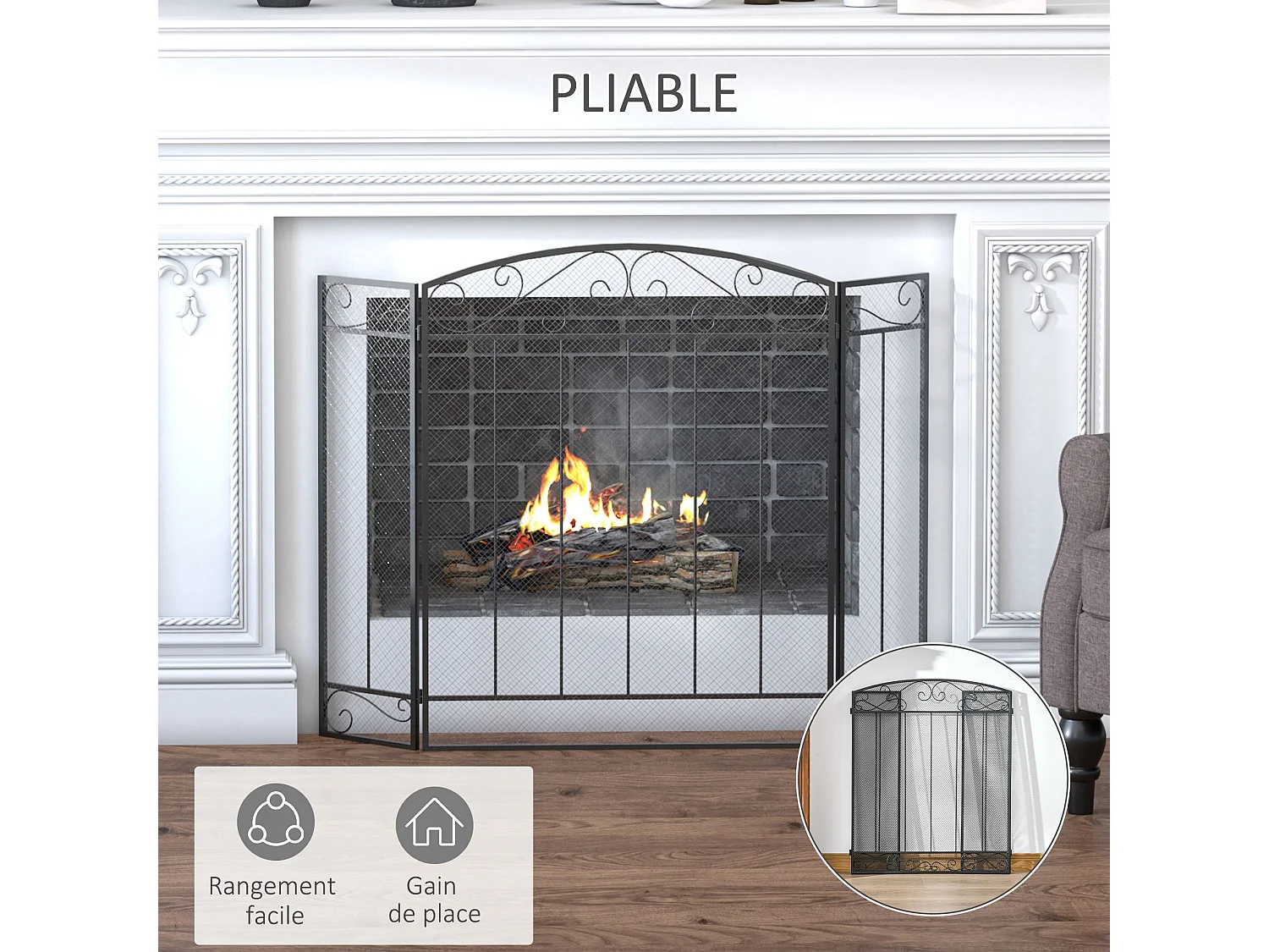 Grille de protection pour cheminée - pare-feu large pour cheminée ou poêle - pare-étincelles - barrière de sécurité - 3 volets pliables - acier métal noir