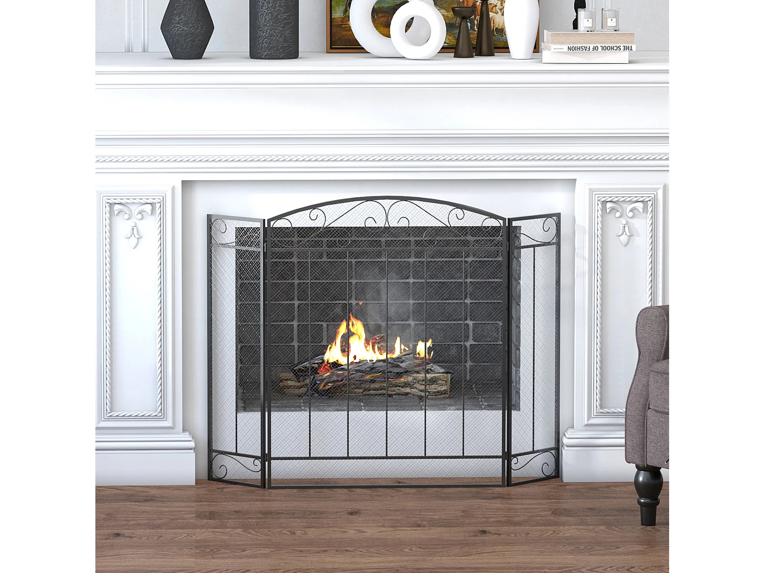 Grille de protection pour cheminée - pare-feu large pour cheminée ou poêle - pare-étincelles - barrière de sécurité - 3 volets pliables - acier métal noir