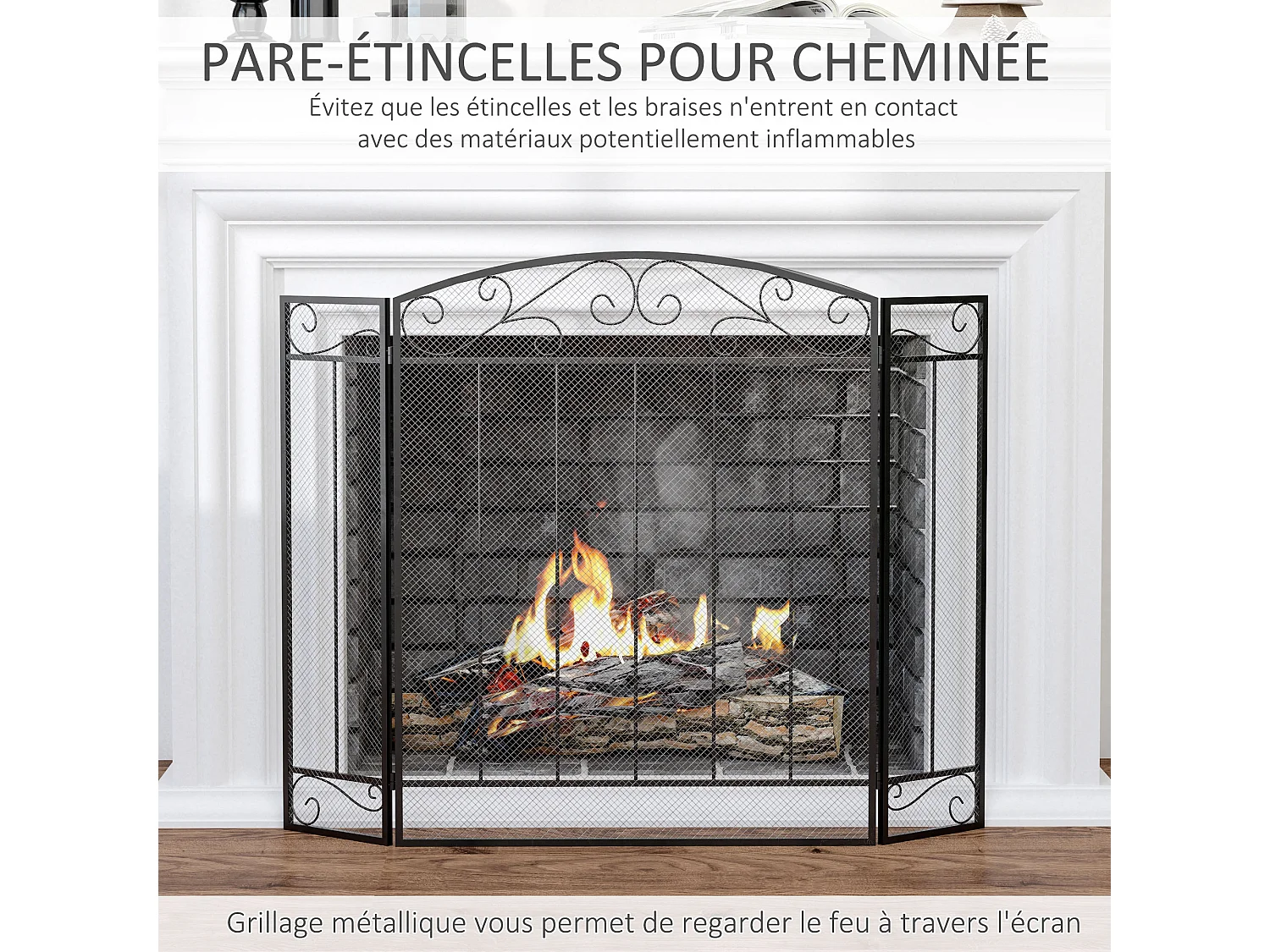 Grille de protection pour cheminée - pare-feu large pour cheminée ou poêle - pare-étincelles - barrière de sécurité - 3 volets pliables - acier métal noir