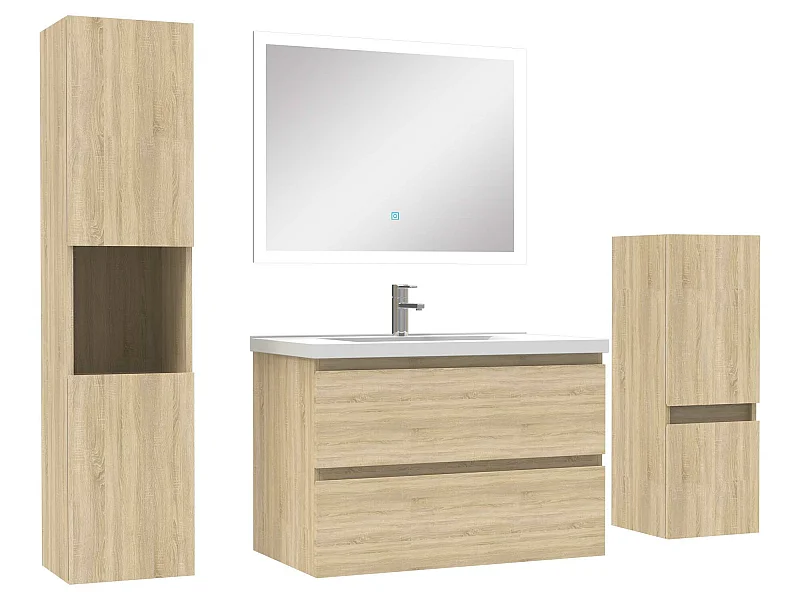 Ensemble meuble de salle de bain 80cm vasque + colonne de rangement + miroir Chêne Wotan
