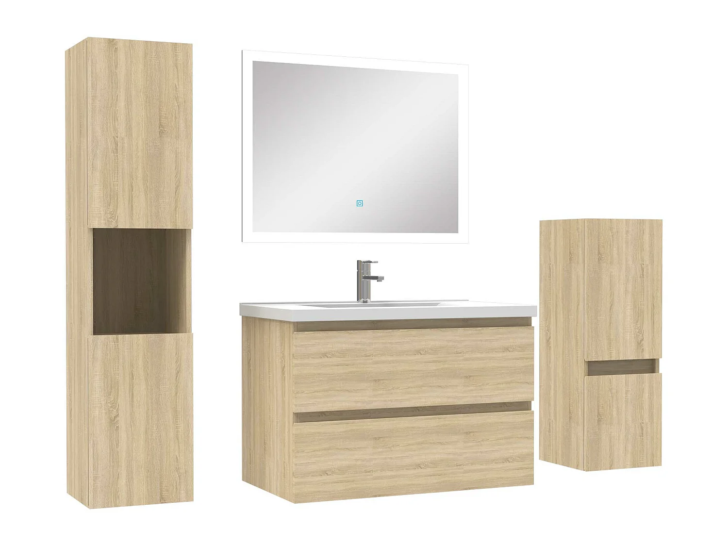 Ensemble meuble de salle de bain 80cm vasque + colonne de rangement + miroir Chêne Wotan