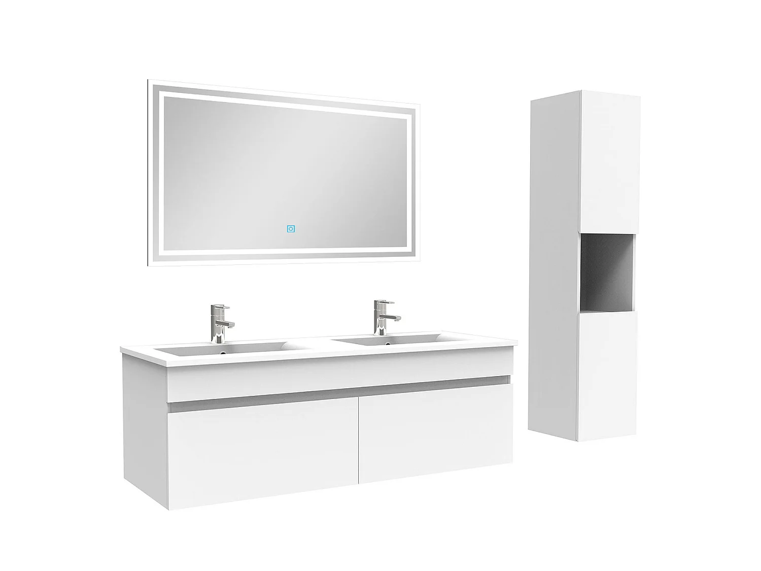 Meuble Salle de Bain 120cm blanc avec colonne + miroir lumineux, Aica