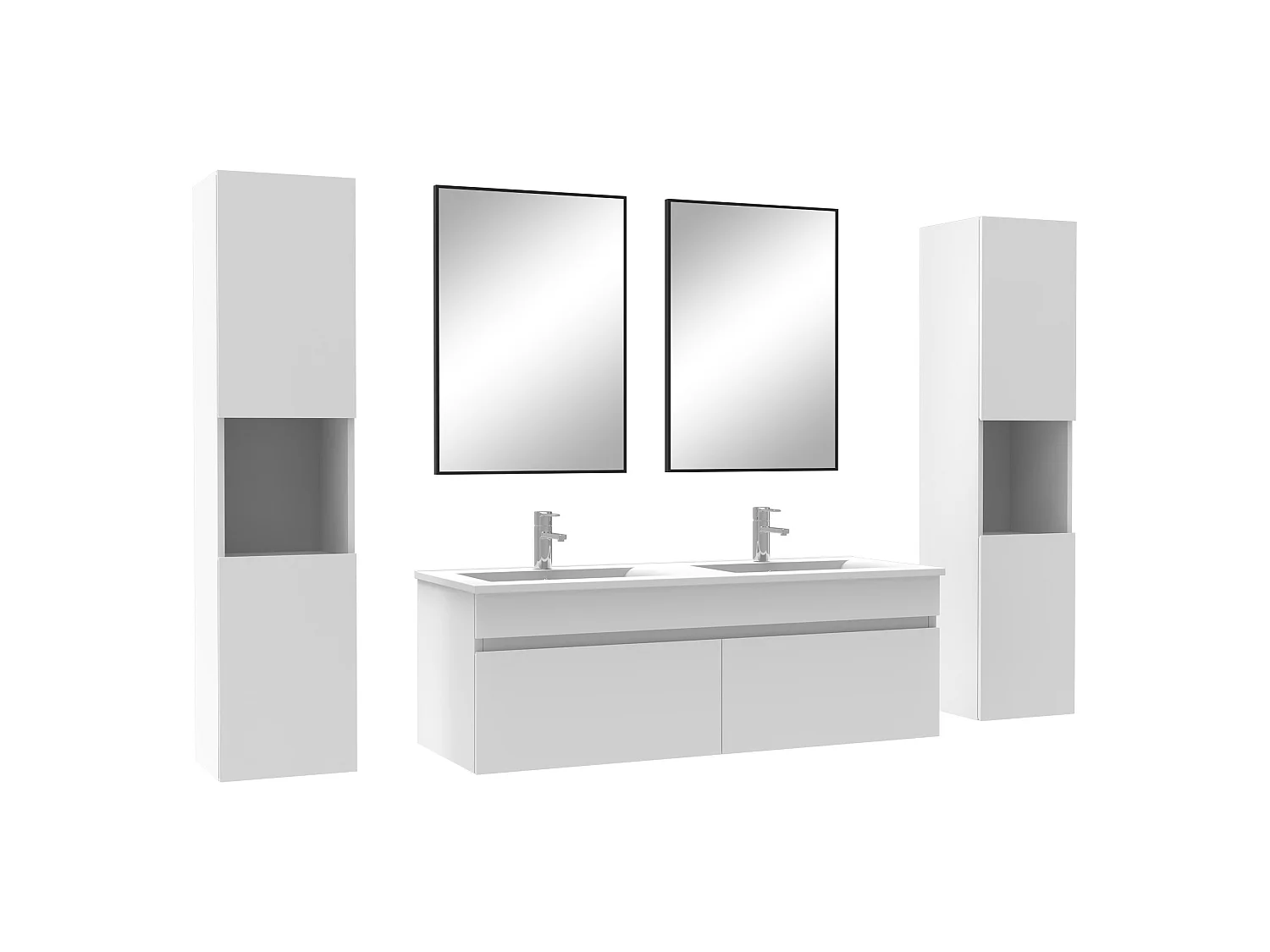 Ensemble meubles Salle de Bain 120cm double vasque avec colonne + miroir mural Blanc