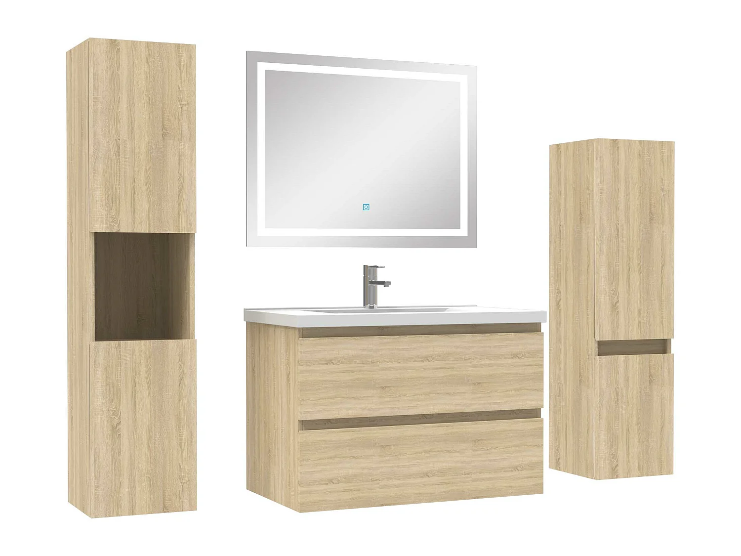 Ensemble meubles Salle de Bain 80cm vasque + colonne + miroir LED Chêne Wotan