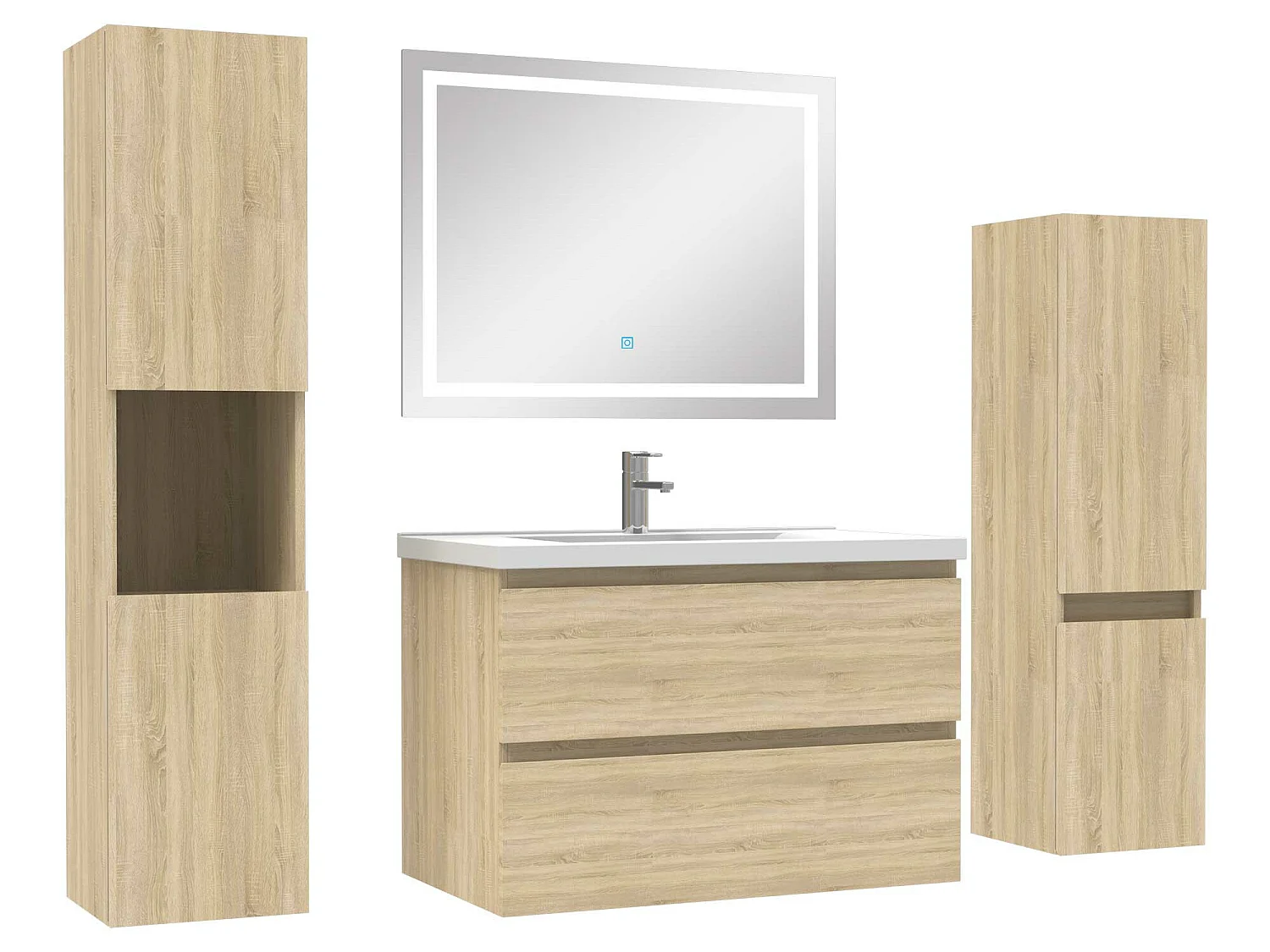 Ensemble meubles Salle de Bain 80cm vasque + colonne + miroir LED Chêne Wotan