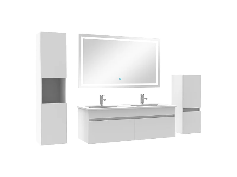 Meuble Salle de Bain 120cm double vasque + colonne + miroir LED Blanc