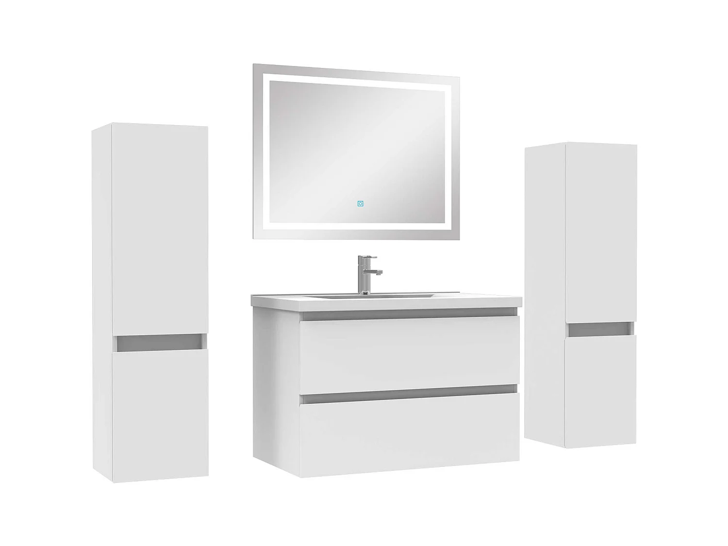 Ensemble meubles Salle de Bain 80cm simple vasque + colonne + miroir lumineux Blanc