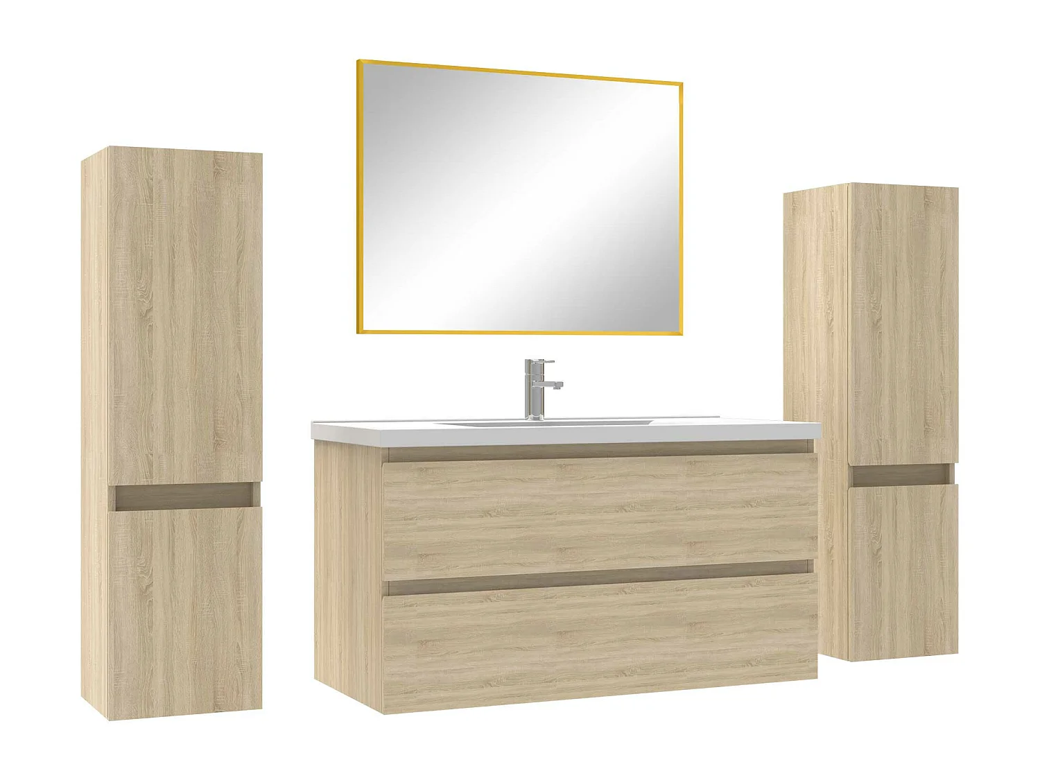 Ensemble meubles Salle de Bain avec colonne + miroir mural 100cm meuble Chêne Wotan