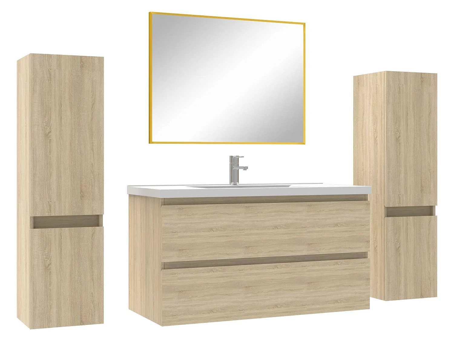 Ensemble meubles Salle de Bain avec colonne + miroir mural 100cm meuble Chêne Wotan