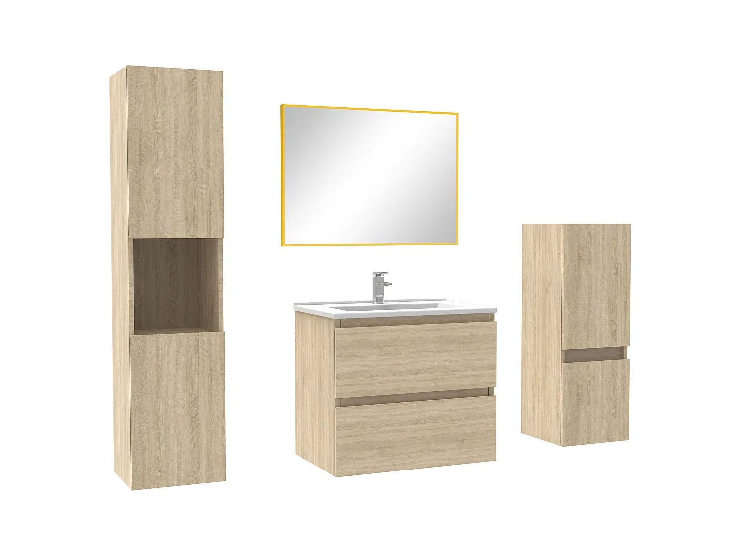 Ensemble meubles Salle de Bain 60cm simple vasque + colonne + miroir mural Chêne Wotan