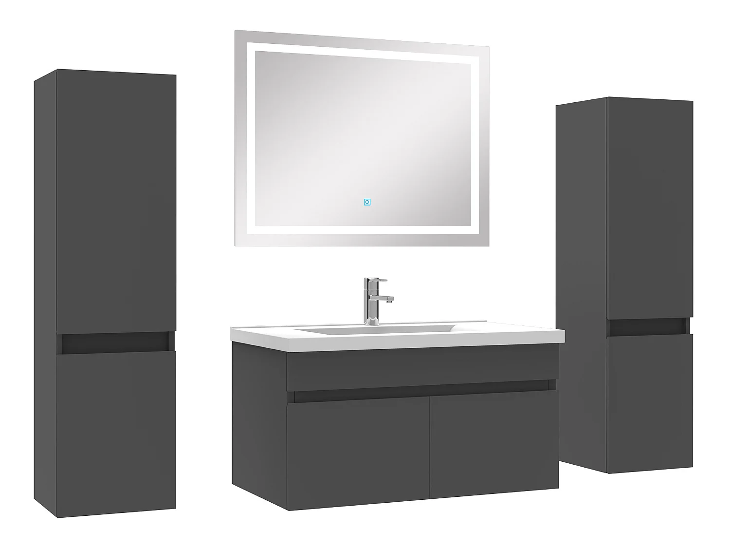 Meuble Salle de Bain 80cm vasque + colonne + miroir lumineux Anthracite