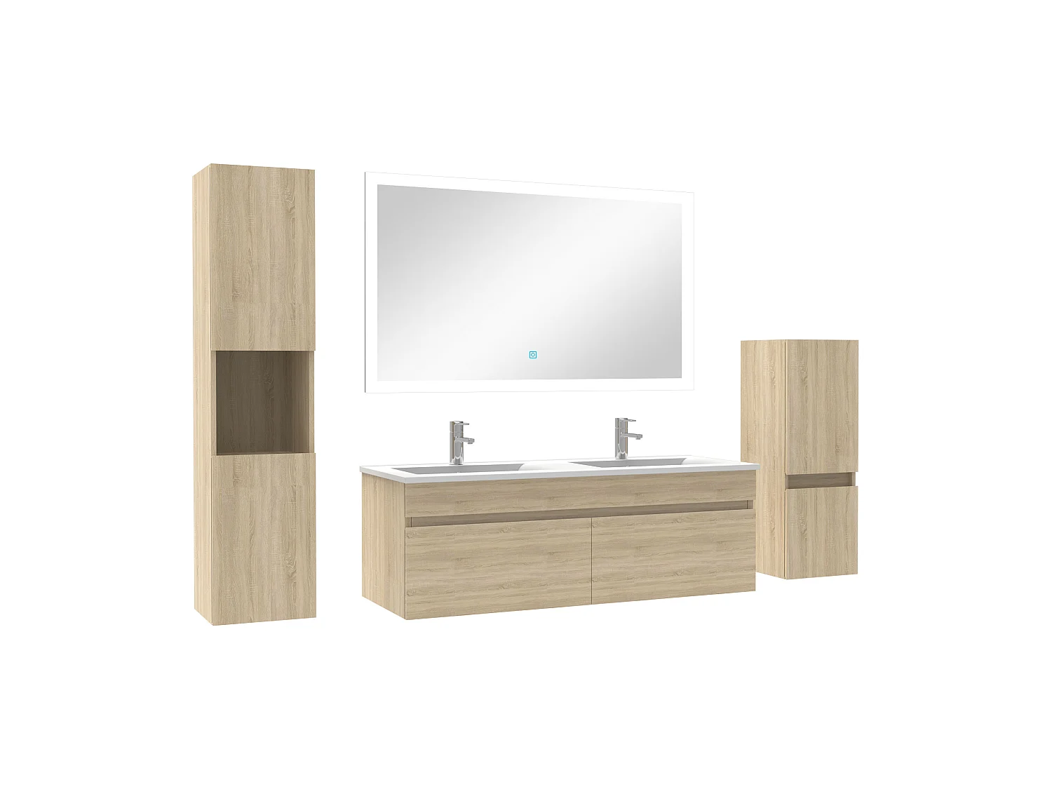 Ensemble meuble vasque 120cm et colonne de rangement et miroir lumineux Chêne Wotan