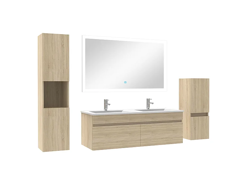 Ensemble meuble vasque 120cm et colonne de rangement et miroir lumineux Chêne Wotan