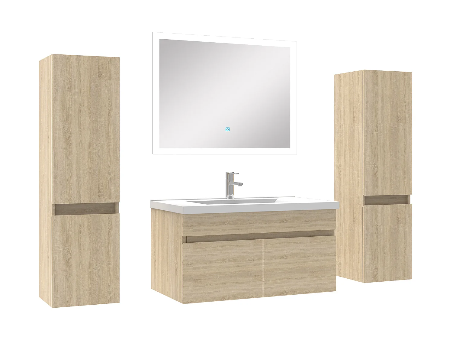 Ensemble meuble simple vasque L.80cm avec colonne + miroir Chêne Wotan