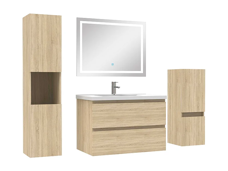 Ensemble meubles Salle de Bain 80cm simple vasque + colonne + miroir LED Chêne Wotan