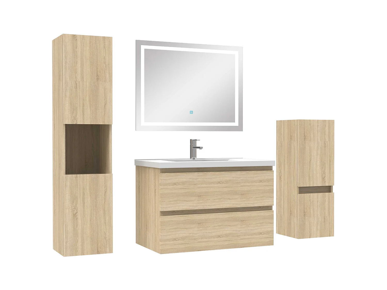 Ensemble meubles Salle de Bain 80cm simple vasque + colonne + miroir LED Chêne Wotan