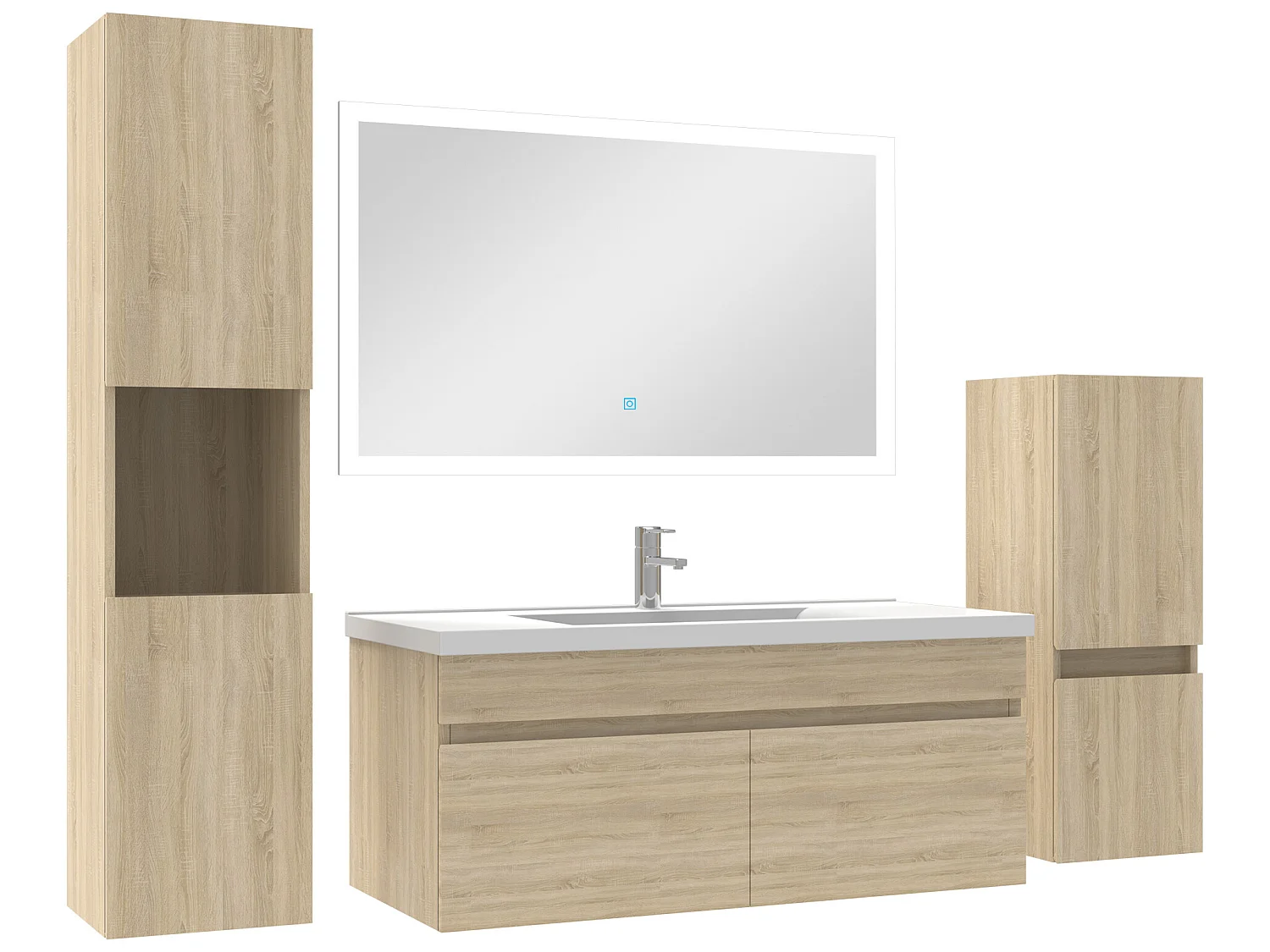 Ensemble meuble vasque 100cm et colonne de rangement et miroir lumineux Chêne Wotan