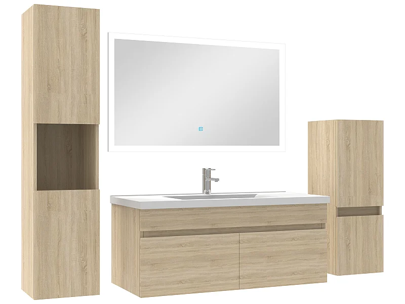 Ensemble meuble vasque 100cm et colonne de rangement et miroir lumineux Chêne Wotan