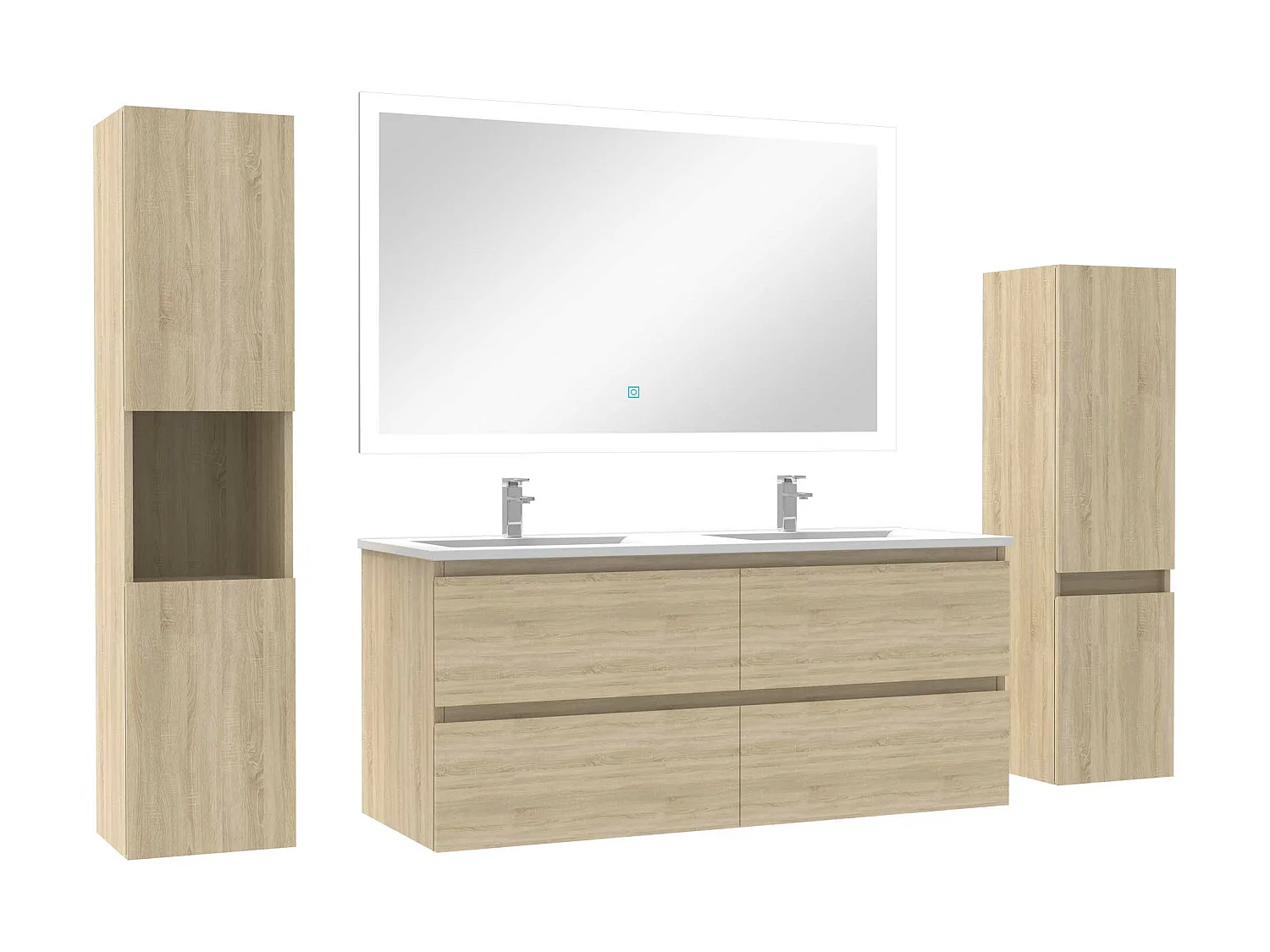 Ensemble meuble de salle de bain 120cm double vasque + colonne de rangement + miroir Chêne Wotan