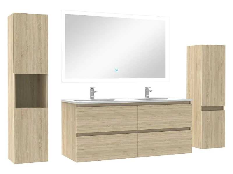 Ensemble meuble de salle de bain 120cm double vasque + colonne de rangement + miroir Chêne Wotan