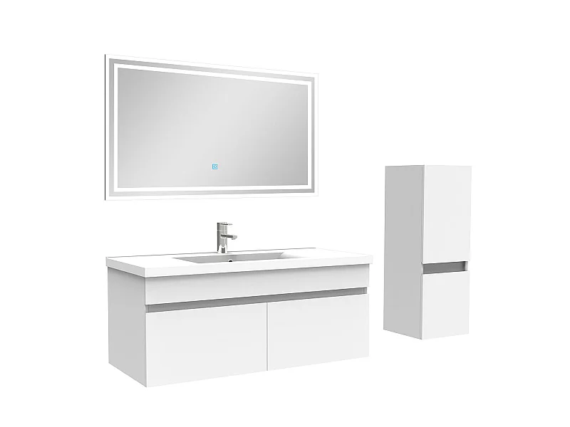 Ensemble Salle De Bain 100cm meuble blanc avec colonne et miroir lumineux, Aica