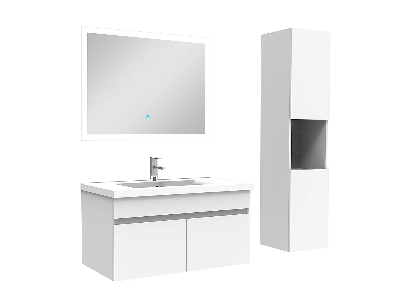 Ensemble Salle De Bain avec colonne et miroir 80cm meuble blanc, Aica