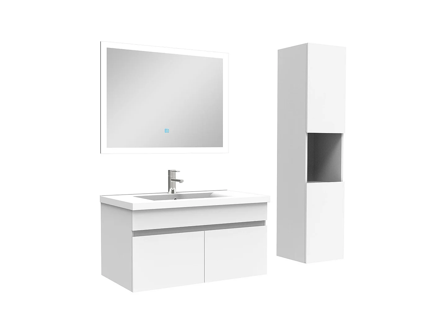 Ensemble Salle De Bain avec colonne et miroir 80cm meuble blanc, Aica