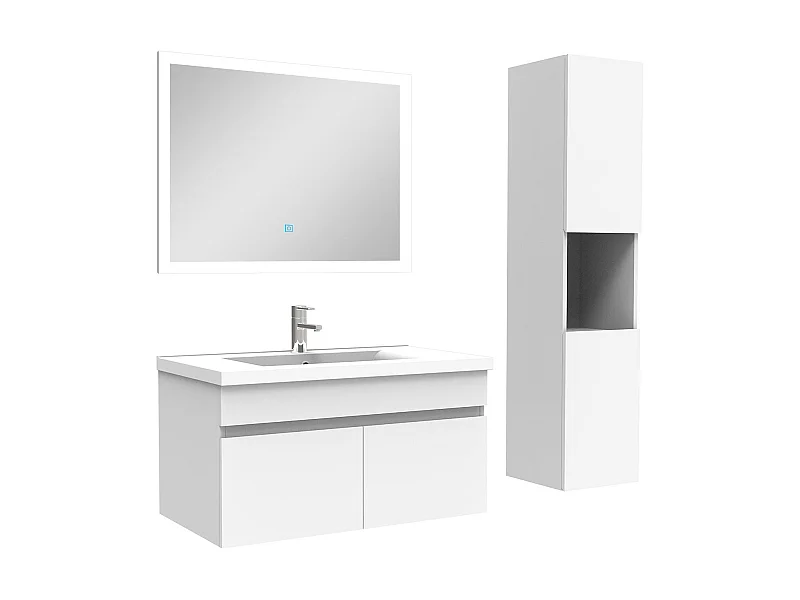 Ensemble Salle De Bain avec colonne et miroir 80cm meuble blanc, Aica