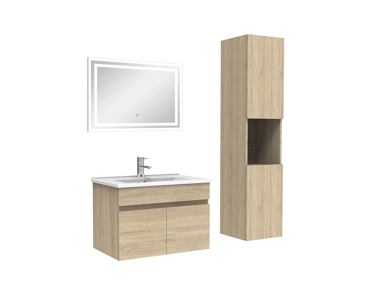 Meuble Salle de Bain 60cm Chêne Wotan avec colonne + miroir lumineux, Aica