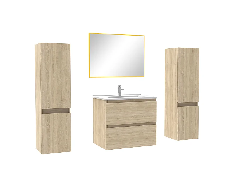 Ensemble meubles Salle de Bain avec colonne + miroir mural 60cm meuble Chêne Wotan