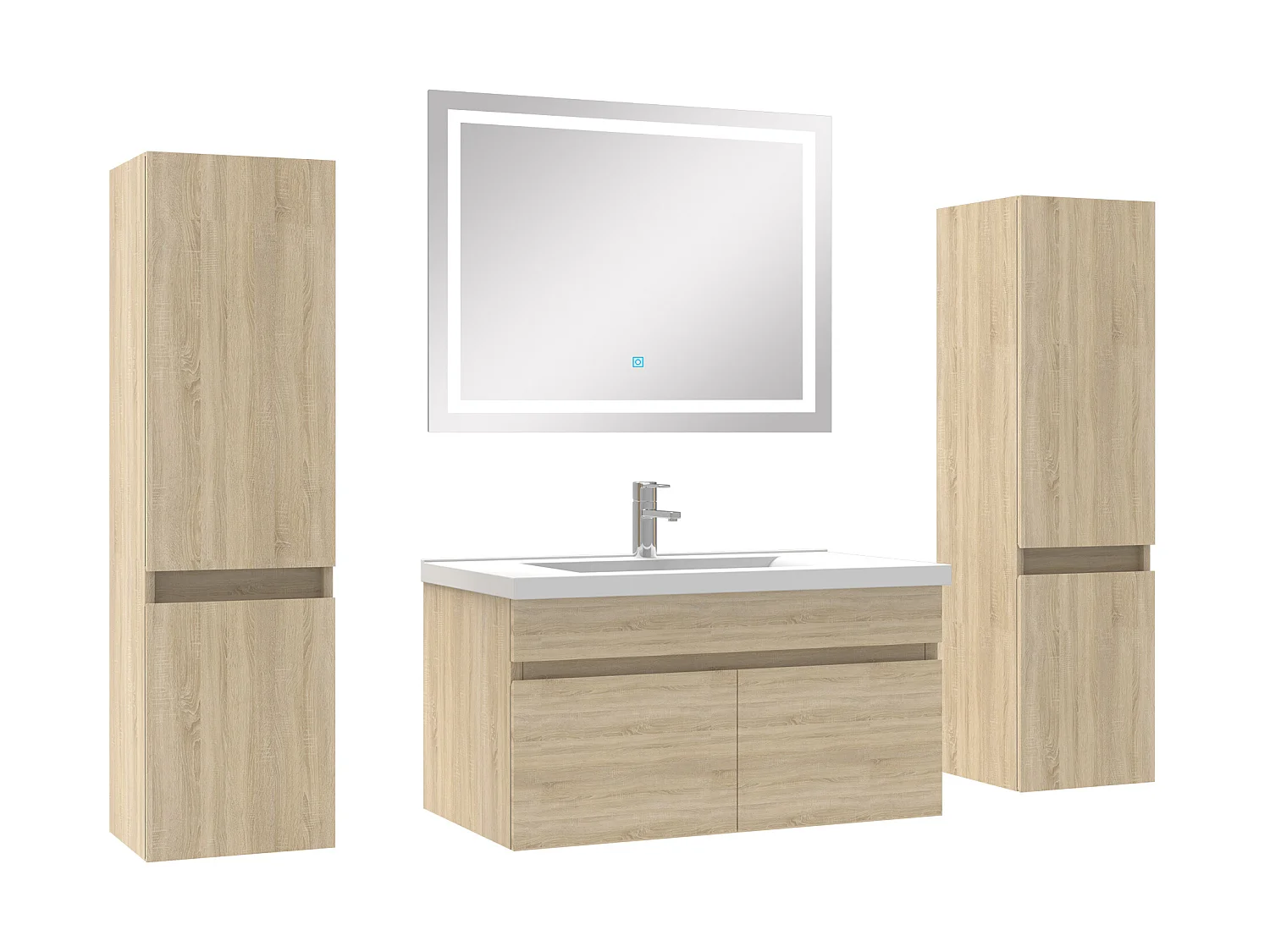 Meuble Salle de Bain 80cm vasque + colonne + miroir lumineux Chêne Wotan