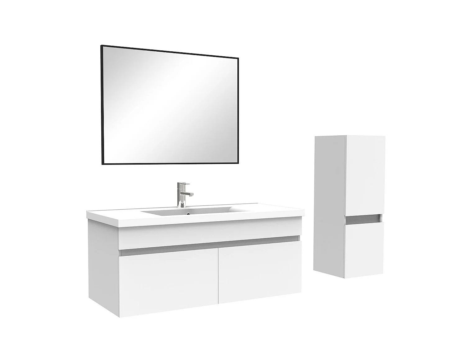 Ensemble Salle De Bain 100cm Blanc meuble + miroir + colonne + simple vasque, Aica