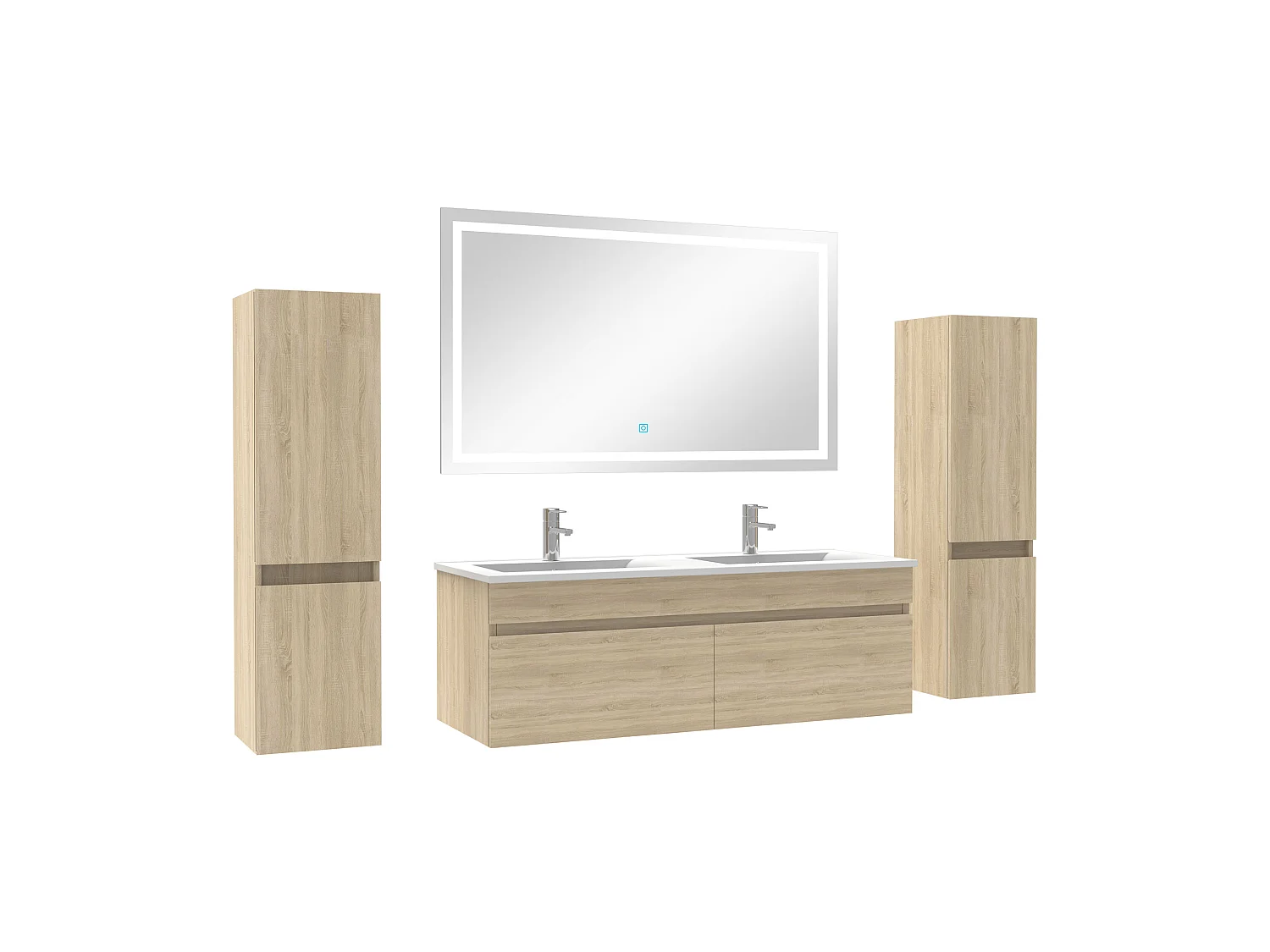 Meuble Salle de Bain 120cm vasque + colonne + miroir lumineux Chêne Wotan