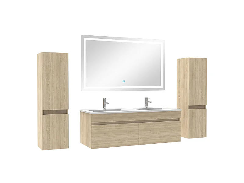 Meuble Salle de Bain 120cm vasque + colonne + miroir lumineux Chêne Wotan