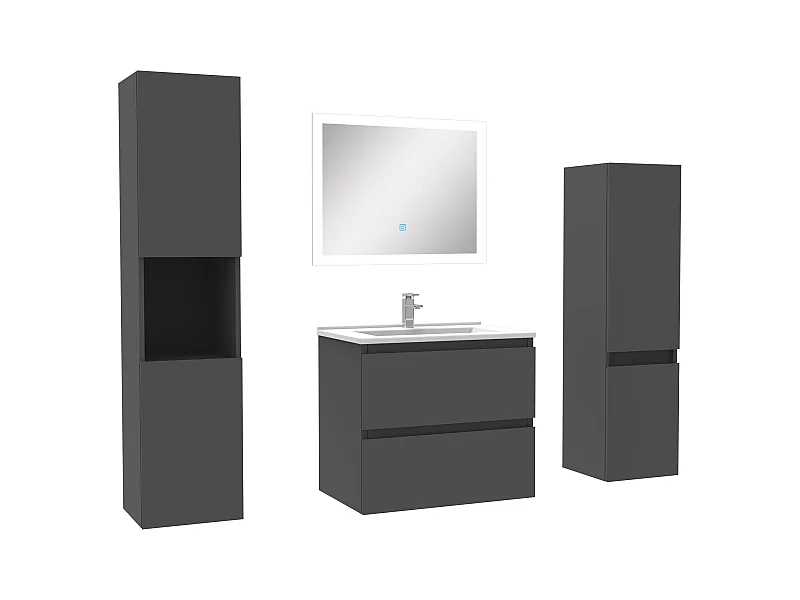 Ensemble meuble de salle de bain 60cm simple vasque + colonne de rangement + miroir Anthracite