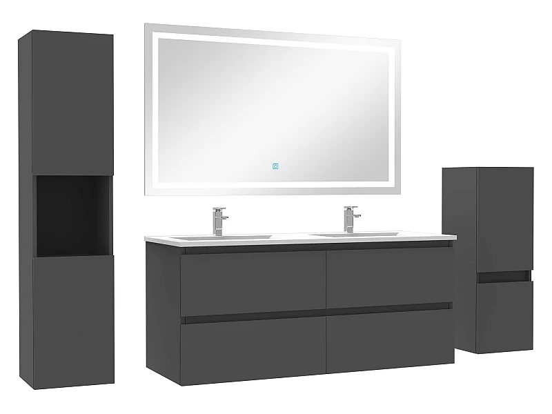 Ensemble meubles Salle de Bain 120cm double vasque + colonne + miroir LED Anthracite