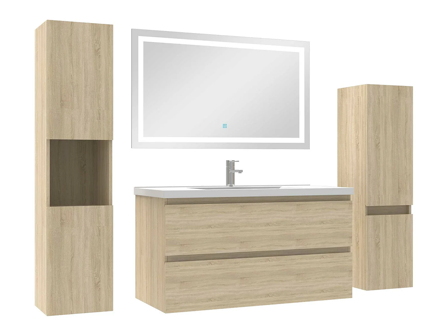 Ensemble meubles Salle de Bain 100cm vasque + colonne + miroir LED Chêne Wotan