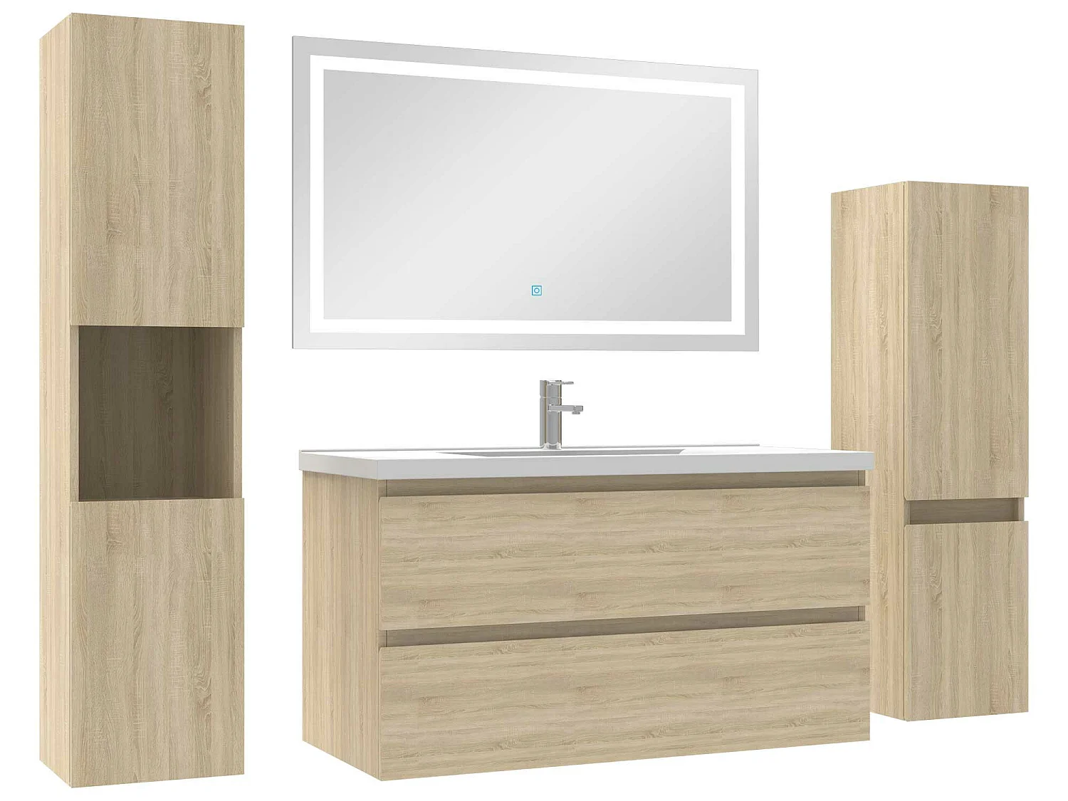 Ensemble meubles Salle de Bain 100cm vasque + colonne + miroir LED Chêne Wotan