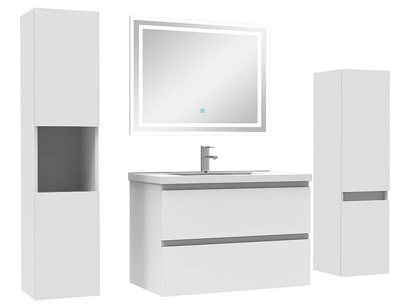 Ensemble meubles Salle de Bain 80cm vasque et colonnex2 et miroir lumineux Blanc