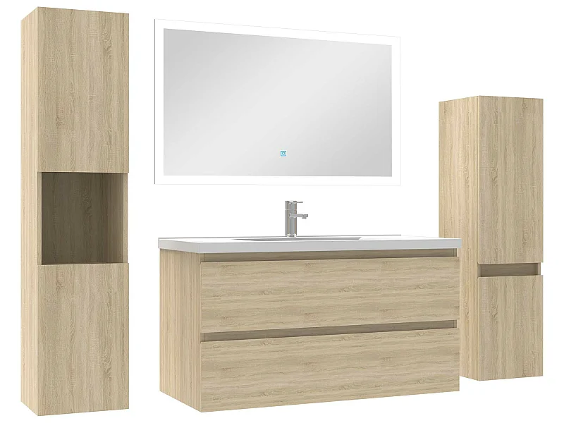Ensemble meuble de salle de bain 100cm simple vasque + colonne de rangement + miroir Chêne Wotan
