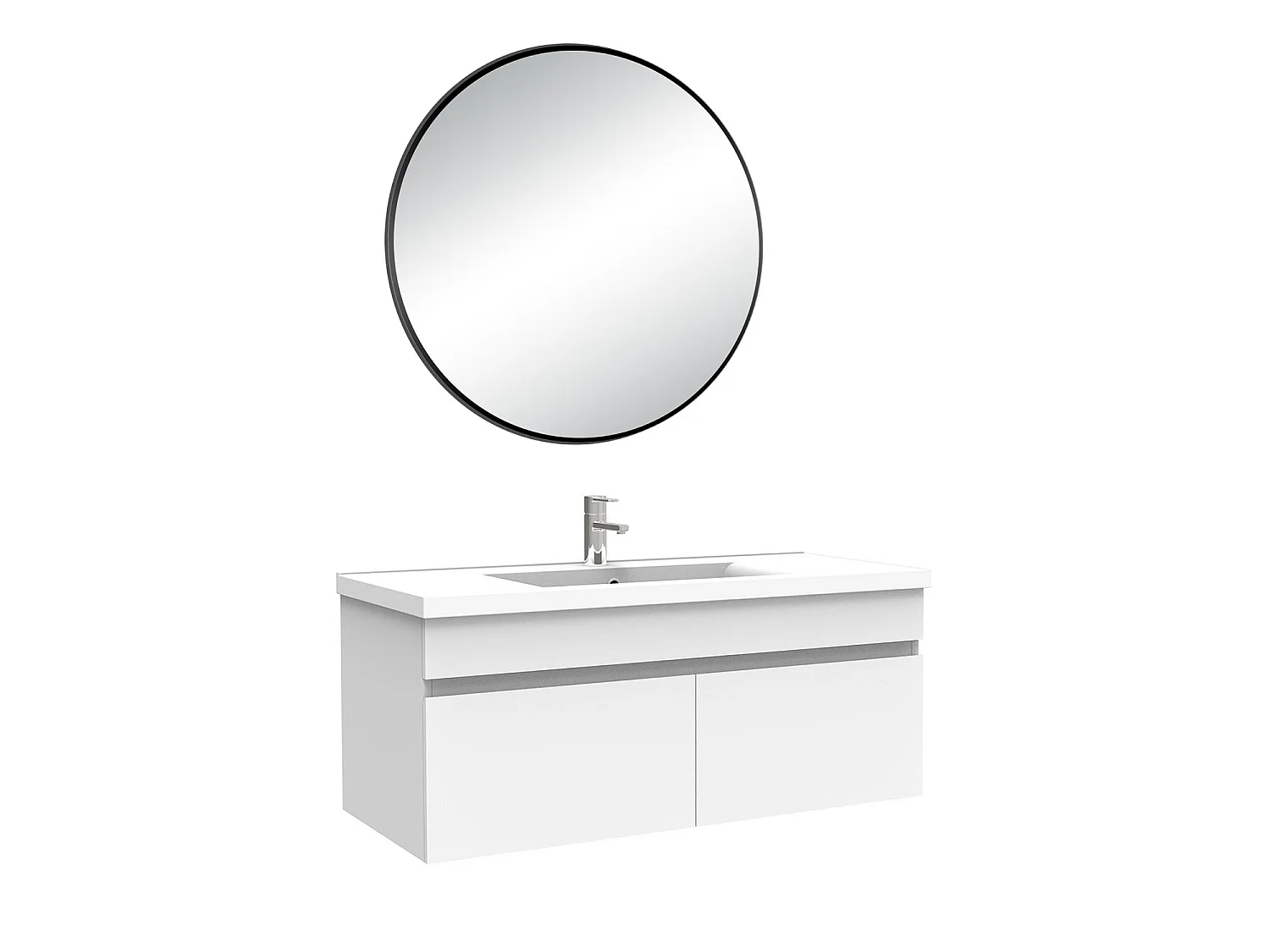Meuble salle de bain simple vasque 100cm meuble + rond miroir Blanc, Aica