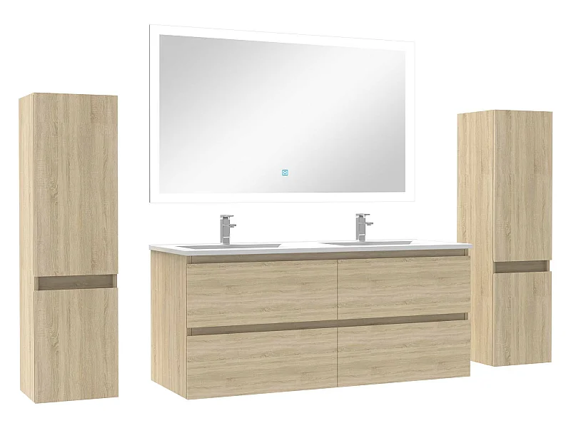 Ensemble meubles Salle de Bain 120cm vasque + colonnex2 + LED miroir Chêne Wotan