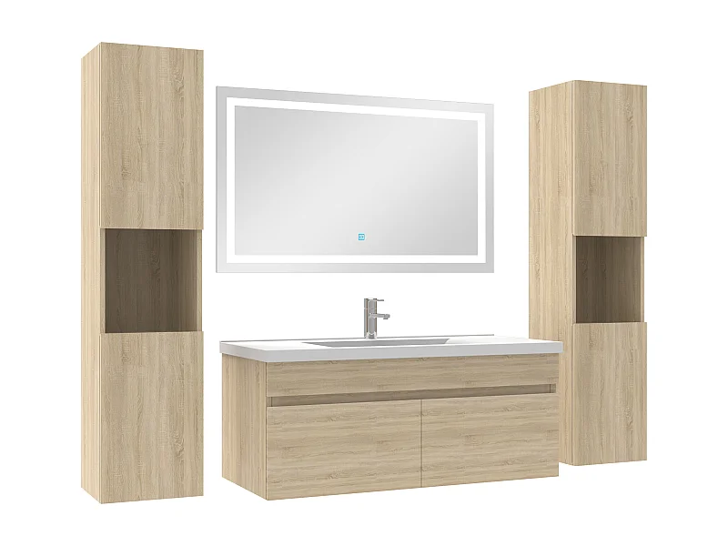 Ensemble meubles Salle de Bain 100cm vasque + colonnex2 + miroir lumineux Chêne Wotan