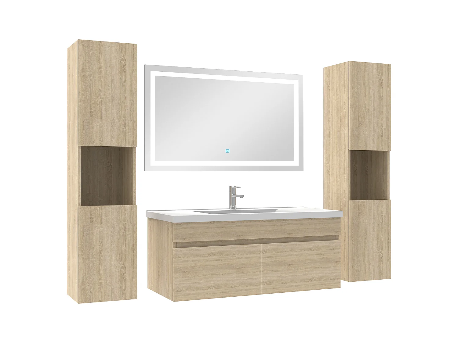 Ensemble meubles Salle de Bain 100cm vasque + colonnex2 + miroir lumineux Chêne Wotan